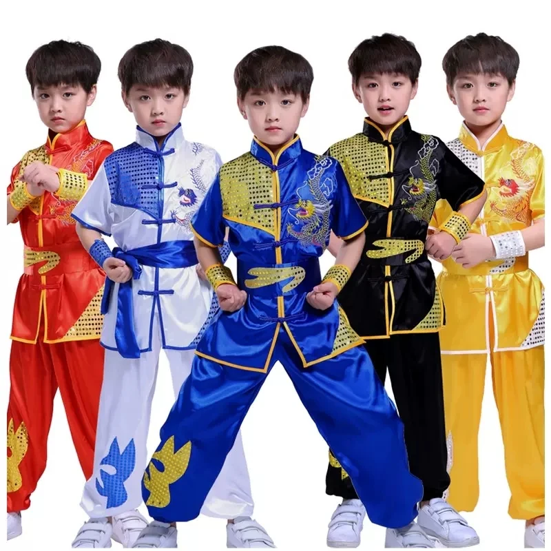 Ropa de Año Nuevo chino para niños, conjunto de ropa de estilo tradicional, uniformes de Tai Chi y Kung Fu con bordado de dragón de lentejuelas