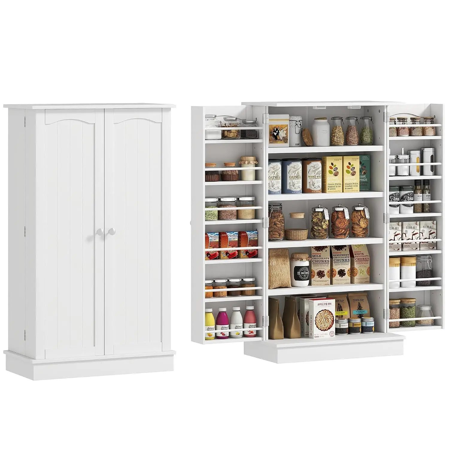 41" Kitchen Pantry Storage Cabinet 12 Door Shelves White Freestanding 2 Doors 5-Tier Adjustable Shelving, Customized