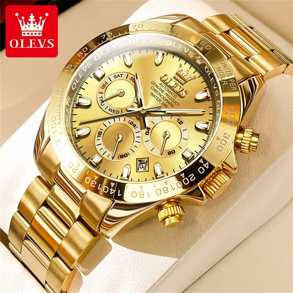 

OLEVS Brand Luxury Gold Mechanical Watch for Men Stainless Steel Waterproof Luminous Calendar Multifunction Fashion Mens Watches