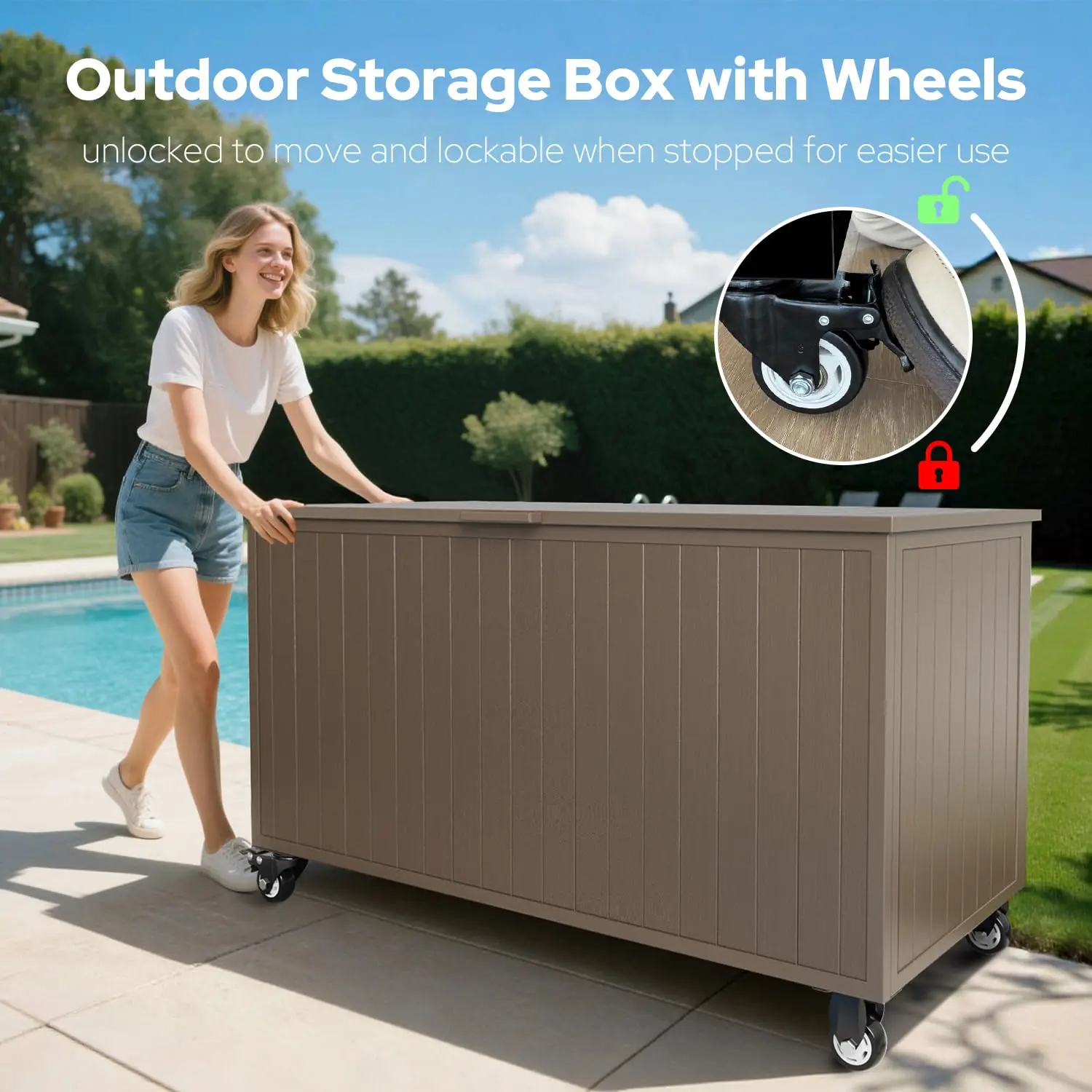 150 Gallon Outdoor Storage Box with Wheels Metal Deck Box Brown, Customized