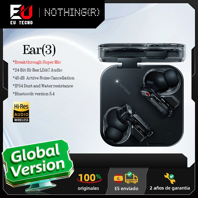 Écouteurs sans fil Nothing Ear (3) avec micro super performant, réduction de bruit active hybride 45 dB, Bluetooth, résolution haute fidélité, 6 micros, dynamique 12 mm