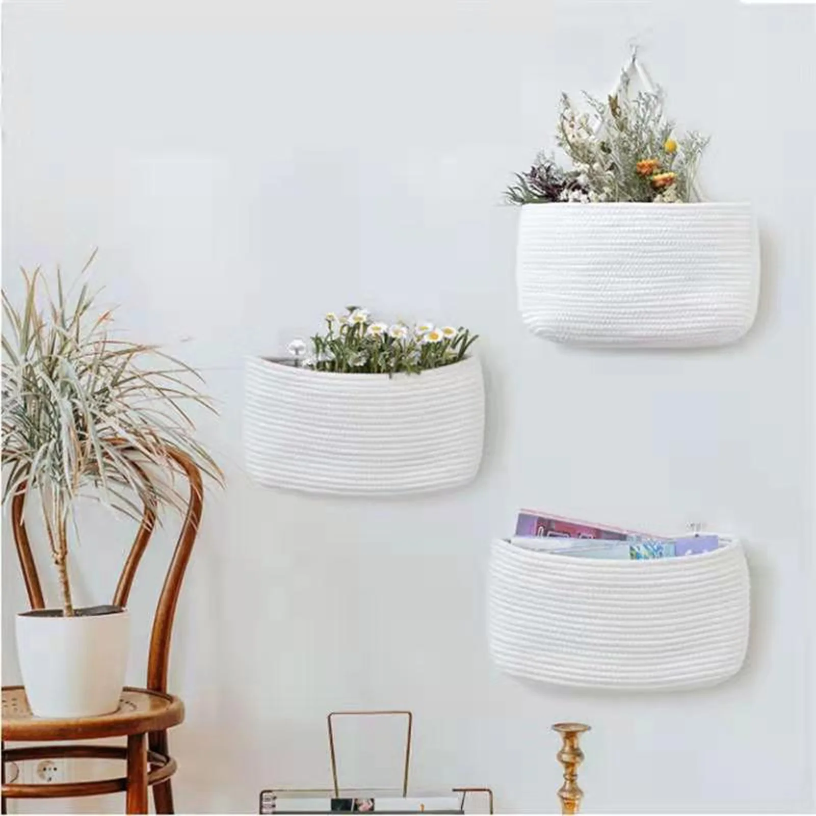 Multi Layer Wall Mounted Storage Basket Cotton Rope Woven Storage Basket Home Decoration 23 x 7 x 13cm