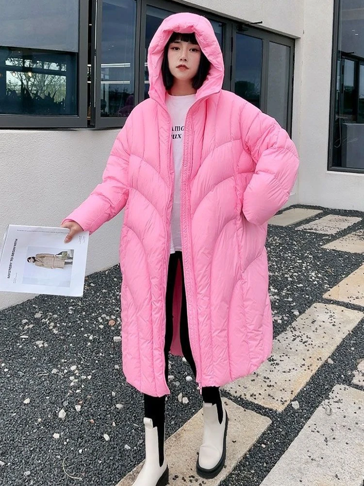 

KBAT Oversized Winter Long Women Jackets 90% White Duck Down Parkas Loose Hooded Coats Medium Long Warm Casual Pink Snow Outwear