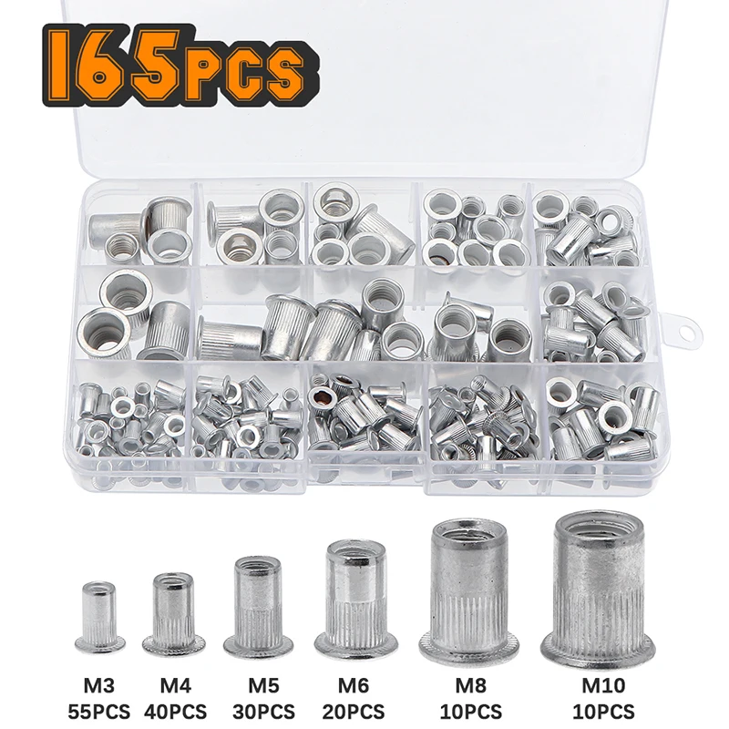 190/165/100pcs M3 M4 M5 M6 M8 M10 Aluminum Flat Head Rivet Nuts NutsInsert Cap Thread Insert Rivet Nut Tool Set