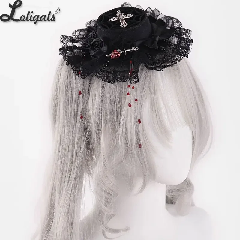 

Lolita Gothic Headpiece Cross Rose Bow Hairpin Mini Flat Hat Hair Accessories Double Ponytail Hair Clips