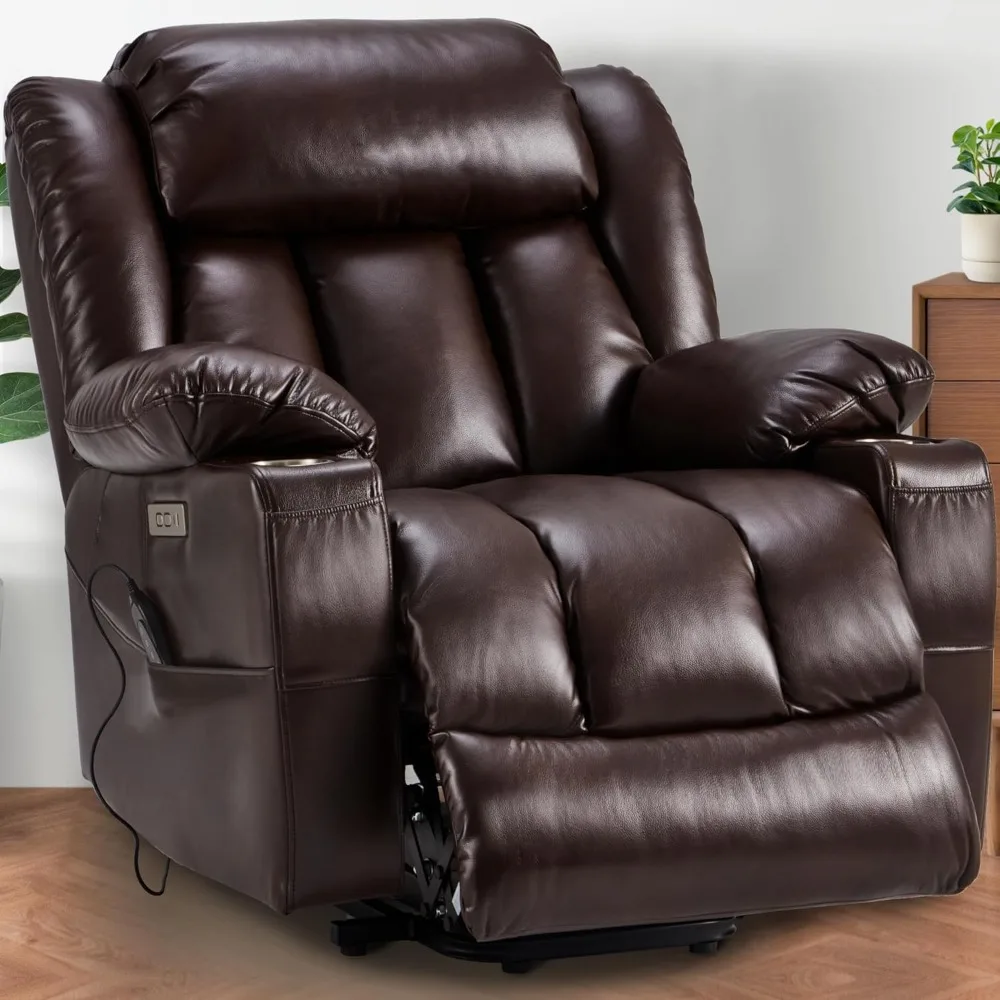 Power Lift Recliner Leather Chair Sofa with Massage & Heat, Lazy Boy Chair with Cup Holders, USB & Type-C Ports, Remote Control