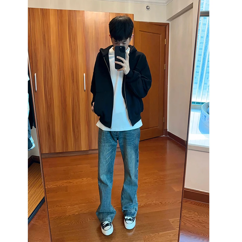 

Deep Blue Men's Straight Leg Jeans High Street Style Summer Fashionable Casual High Waist Long Pants Polyester Fiber