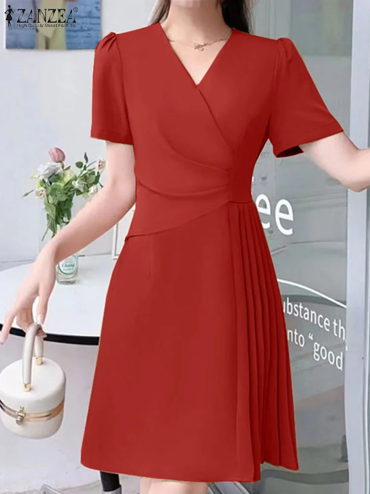 Zanzea gewickelt V-Ausschnitt Kurzarm knielanges Kleid koreanischen Stil Frauen plissiert genähte Taille Vestido drapiert elegantes Party kleid