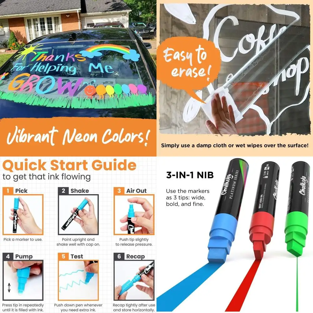

8 Washable Window Markers for Cars - 15mm Jumbo, 3 in 1 Nib, 28g Ink - Liquid Chalk Markers for Chalkboard, Blackboard, Glass, B