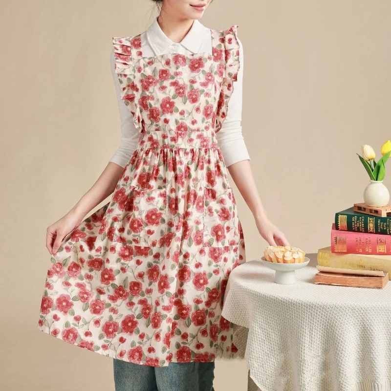 

Французский винтажный хлопковый фартук с цветочным принтом, романтический цветочный сезонный фартук с бантом, фартук для выпечки в стиле принцессы