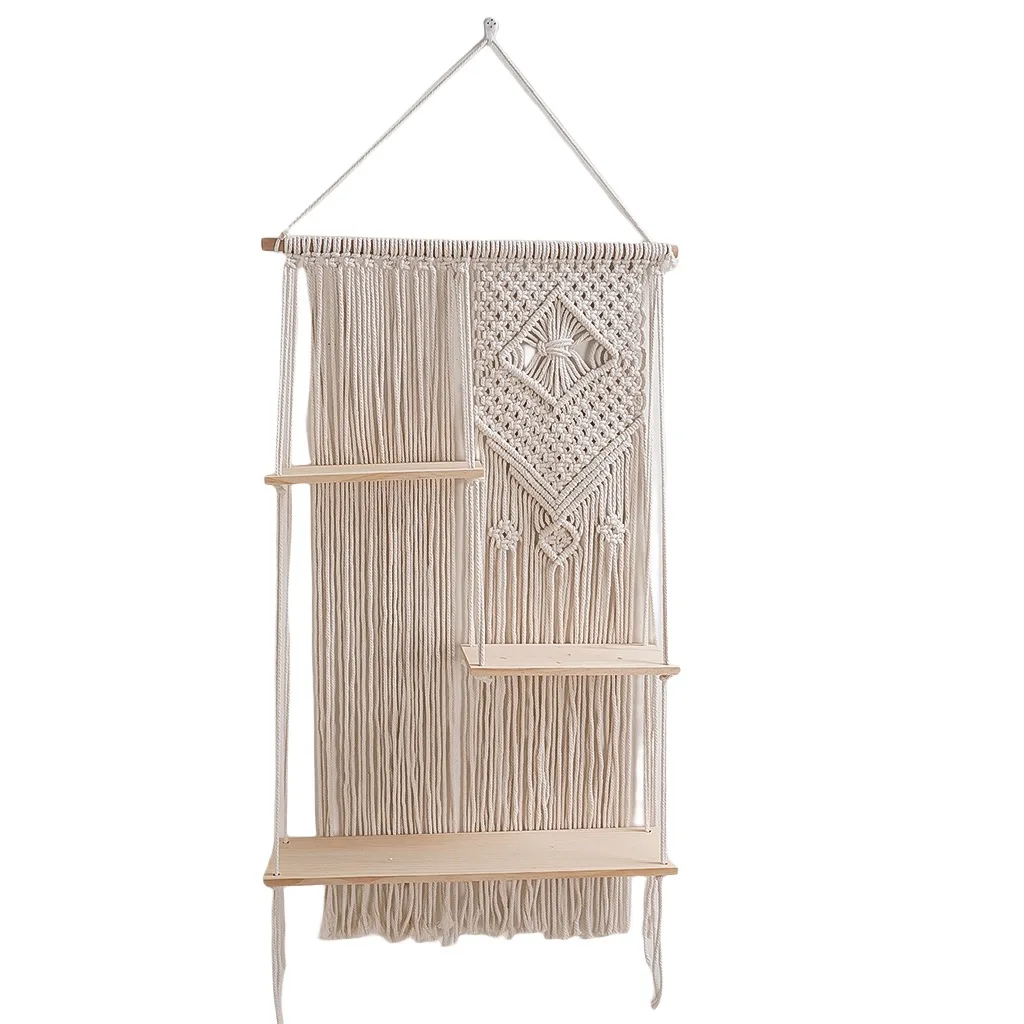Three Asymmetric Wooden Planks Boho Macrame Wall Hanging Shelf Handmade Woven Cotton Rope Tapestry Bohemian Home Decor Storage