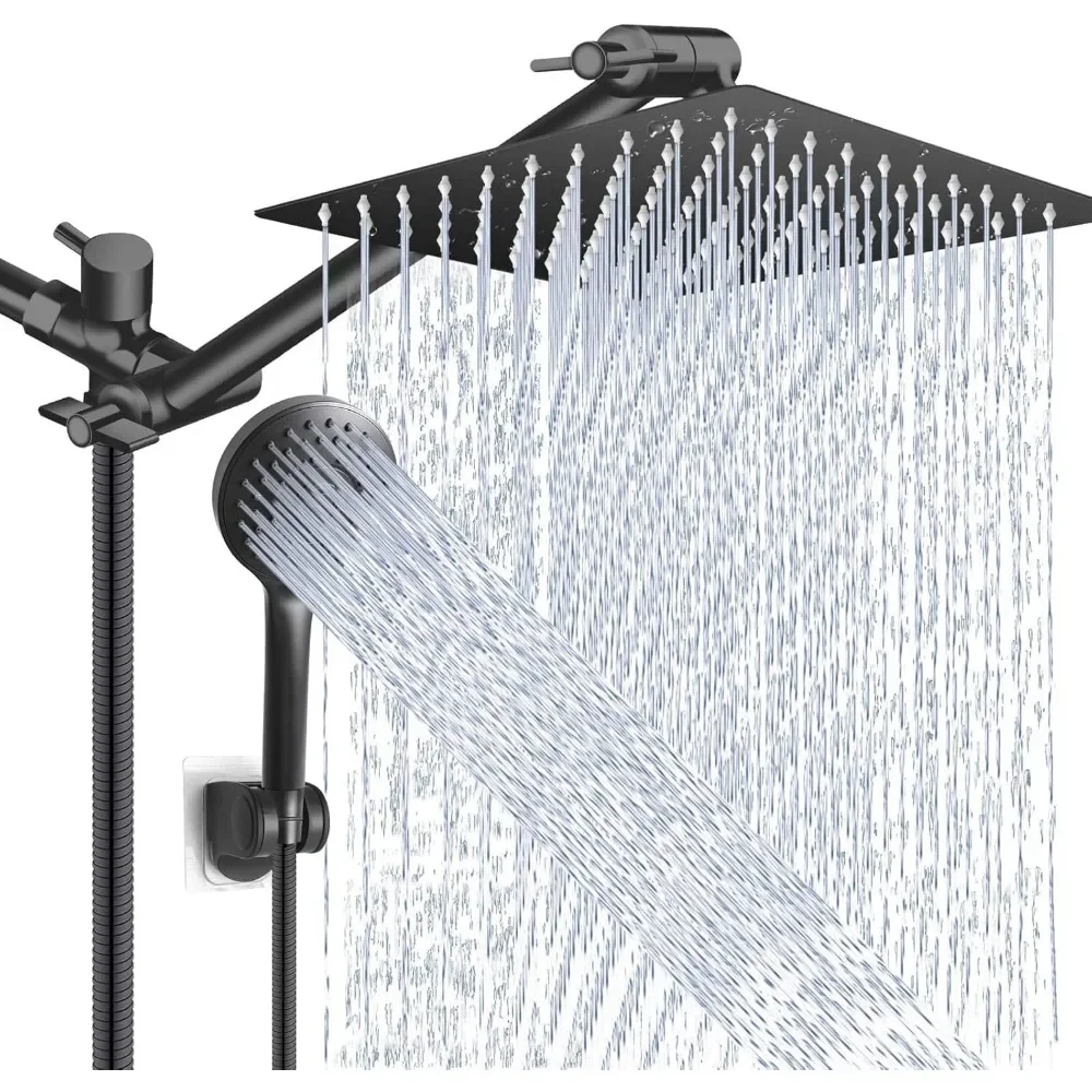Shower Head Combo,10 Inch High Pressure Rain Showers Heads with 11 Inch Adjustable Extension Arm - Matte Black Shower Head