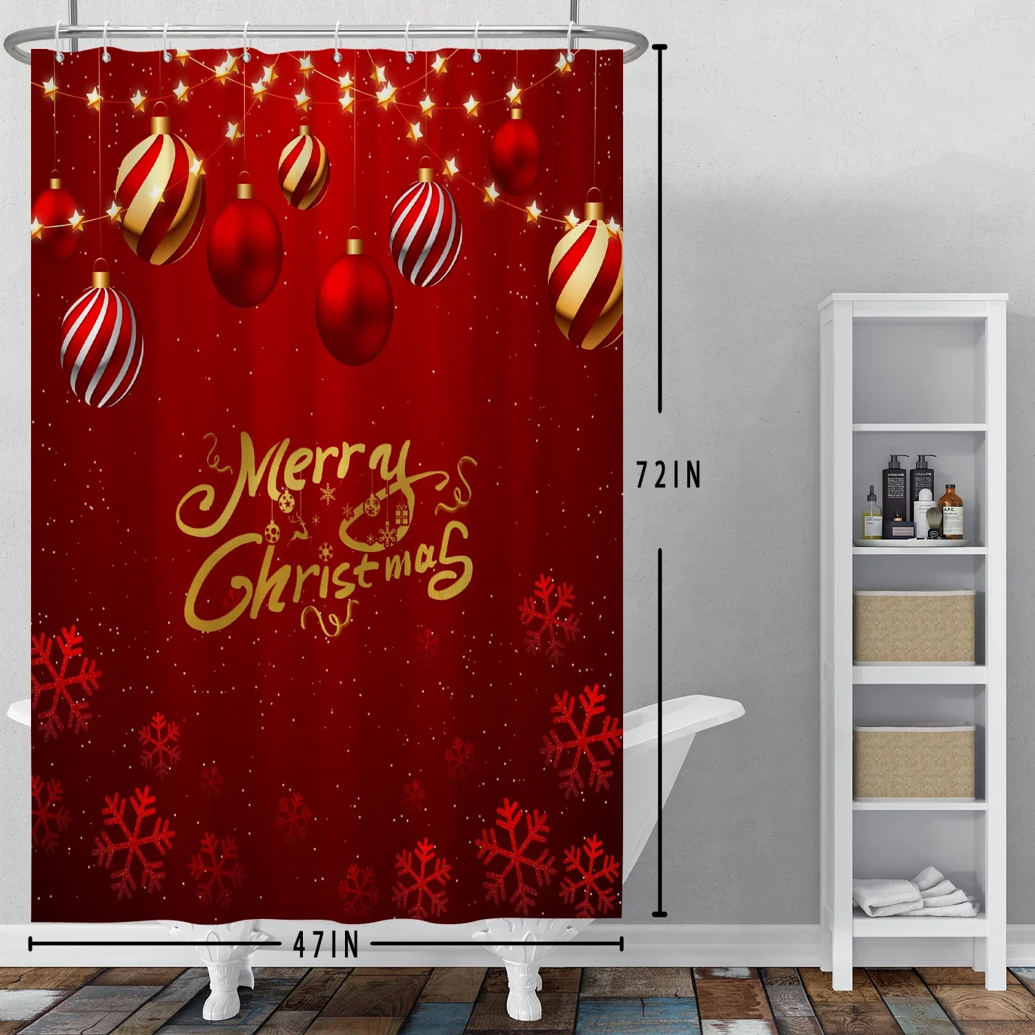 Merry Christmas Shower Curtain Red Glitter Snowflake Bells Decoration Bathroom Partition Waterproof Hanging Curtain With Hooks