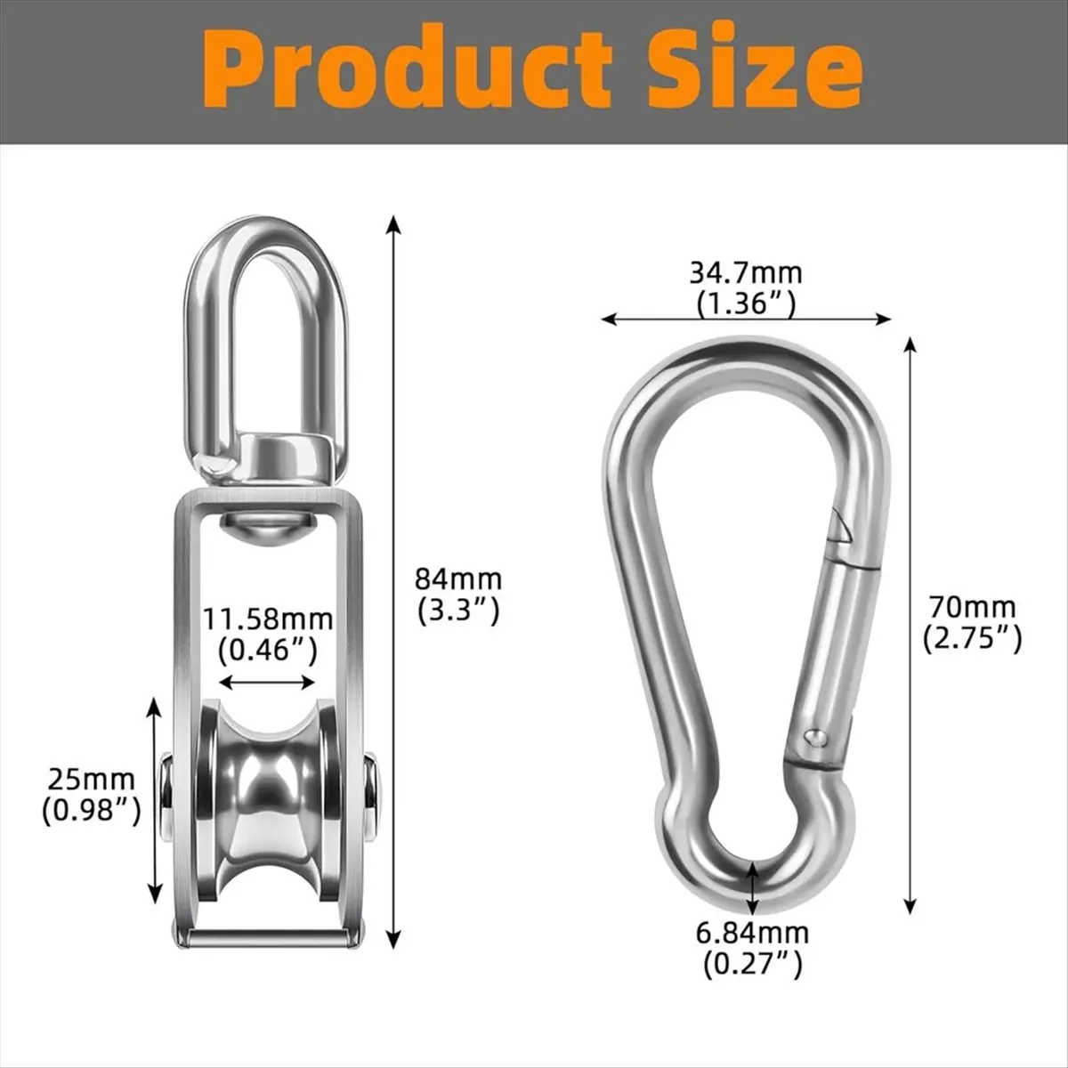 ABYA 2 PCS 304 Stainless Steel M25 Silver Single Pulley Block Wire Rope Hanging Wire Towing Wheel with 2 PCS Spring Snap Hook