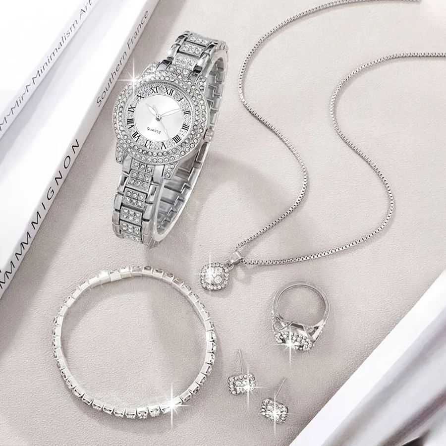Женские часы, элегантные римские модные кварцевые часы, сверкающие стразы, аналоговые наручные часы и комплект ювелирных изделий из 6 предметов, подарок для мамы и нее