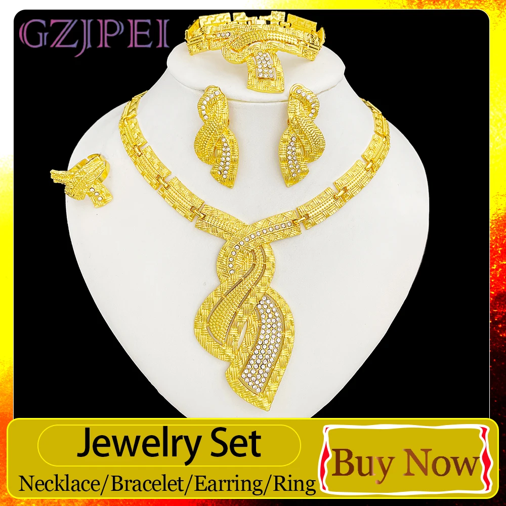 GZJPEI 4pcs/set Luxury Wedding Jewelry Bridal Set Nigerian 18K Gold Color Shiny Crystal Zircon Party Jewelry Fashion Gift