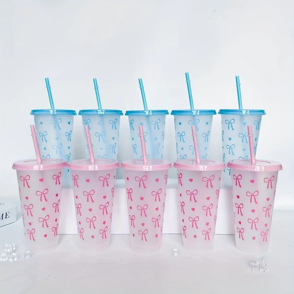 10/20/30 Pack 24oz Pink Bow Plastic Cups Tumblers, Reusable Cup, Iced Coffee Cup With Straw And Lid, Suitable Mother's Day, Dates, Birthday Parties, Outdoor Activities, Daily Use And Camping Summer Drink Cup Valentine's Day,, Mother's Day, Halloween