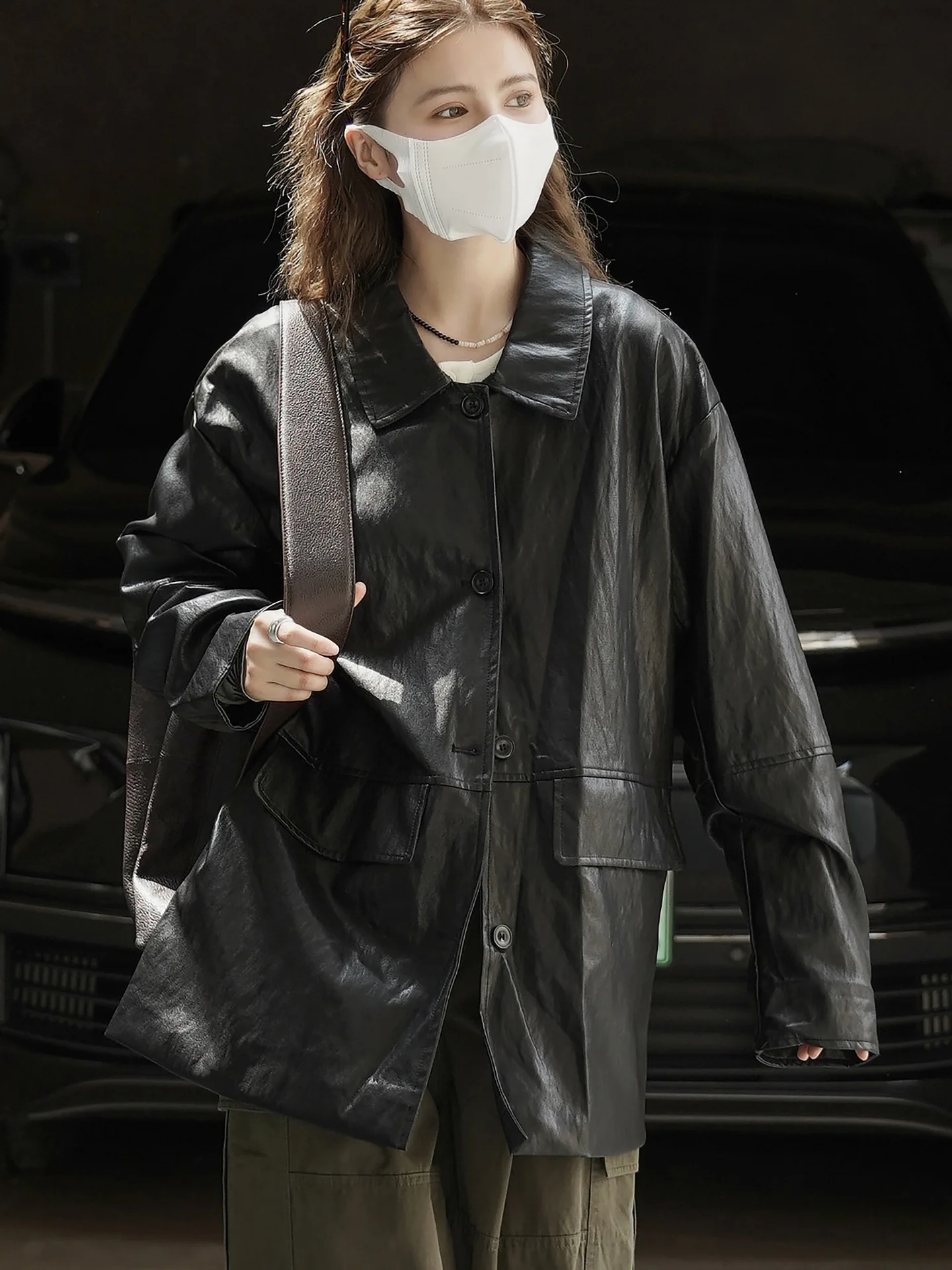 Winter New Korean Style Trendy PU Leather Jacket Loose and Slimming Collar Coat for Women