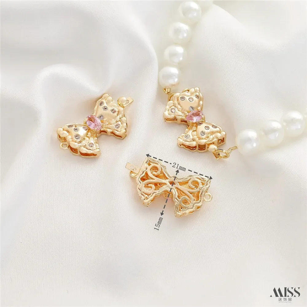 

14K Gold Bag, Color-preserving Zircon Bow, Single-row Buckle DIY Pearl Bracelet, Necklace, Ending Connection Buckle Accessories.