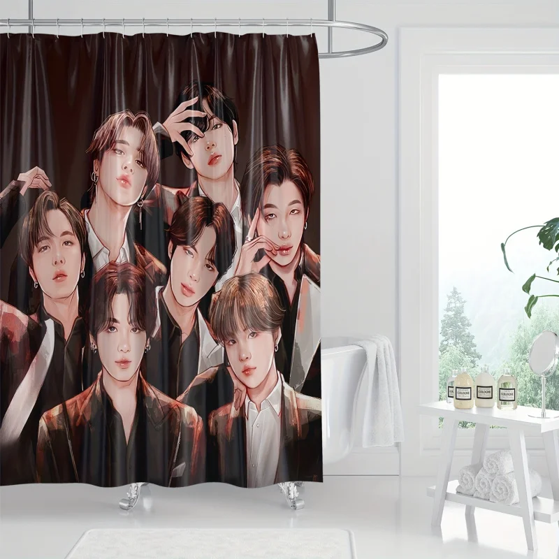 1pc K-Pop Idol Group Inspired Shower Curtain, Polyester Knit, Water-Resistant Novelty Bathroom Decor with Digital Print, Machine