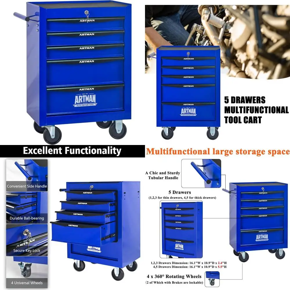 다기능 롤링 공구함 5개의 서랍으로 창고 내 보관 및 정리에 적합