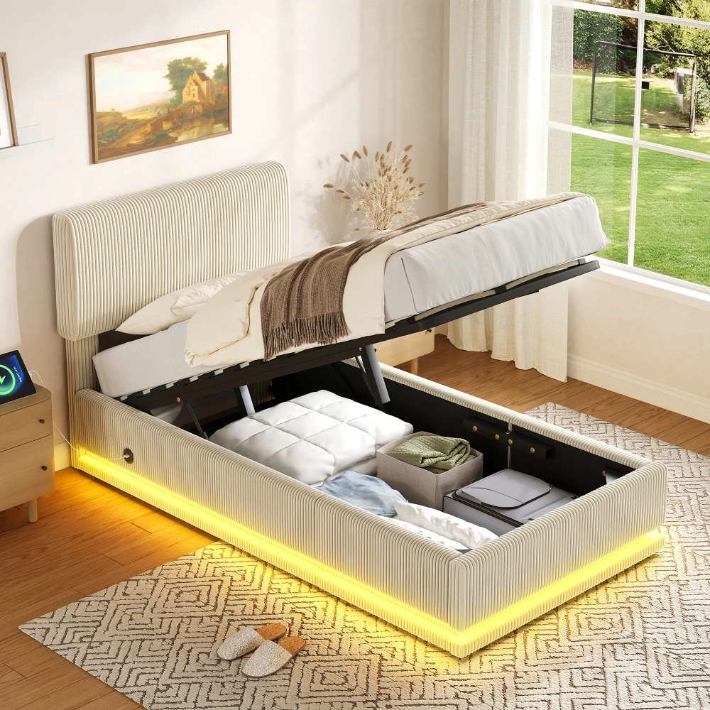 Moderne gestoffeerde bedden met LED-verlichting en USB-C oplaadfunctie, in hoogte verstelbaar hoofdeinde, opbergruimte onder het bed