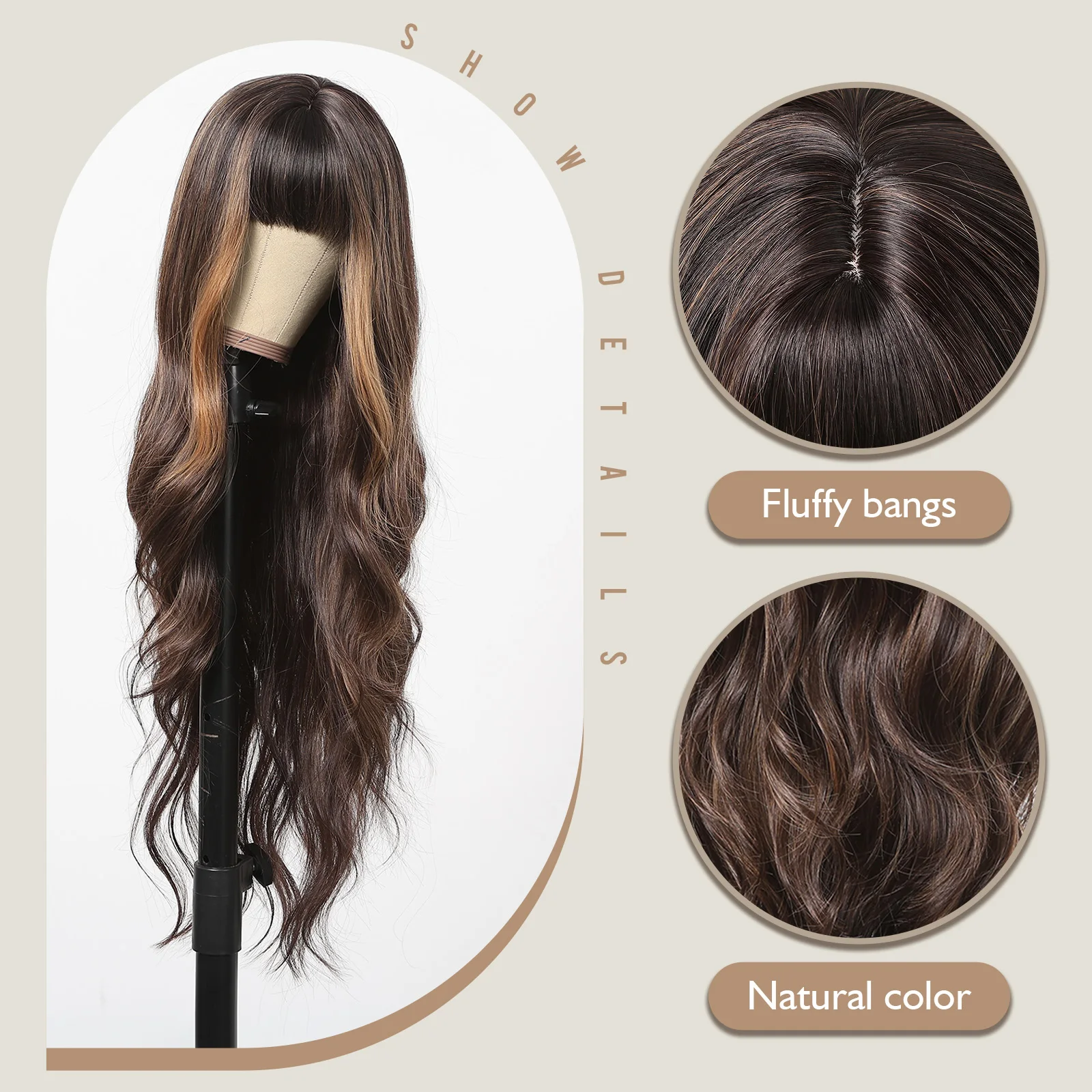 Dark Brown With Blonde Highlights Synthetic Wigs for Women Long Wavy Cosplay Hair With Bangs Daily Use Party Heat Resistant Wig