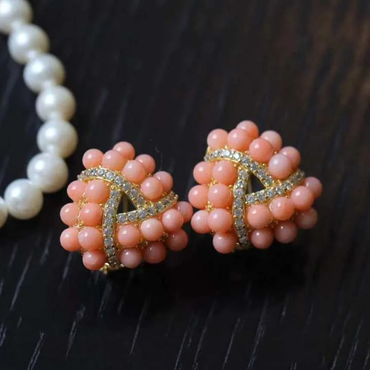 

Certificated 925 Silver Natural Precious Pink Coral Ear Stud Vintage Italian Court Style Ear Clips For Women Renaissance Jewelry