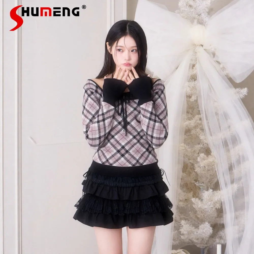 

Новинка Весна 2026: Женский облегающий вязаный топ-халтер в клетку в японском стиле, модная повседневная универсальная вязаная футболка с длинным рукавом для девушек