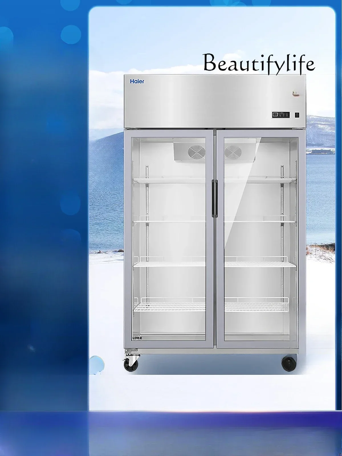 Commercial Upright Refrigerated Display Cabinet Air Cooling Frostless Double Door Drinks Ice Vegetables Fresh Cabinet