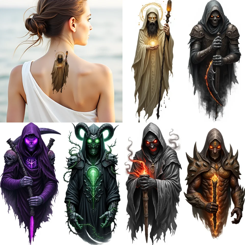 

3pcs Temporary Tattoo Waterproof Long-lasting Body Stickers Spiked Armor Scythe Staff Of Light For Men Thighs Arms