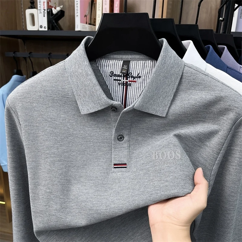 100 % Baumwolle, Herren-Polohemd mit Herbstmuster, knitterarm, weich, einfarbig, langärmliges T-Shirt, bequeme Herrenbekleidung. – Detail 7