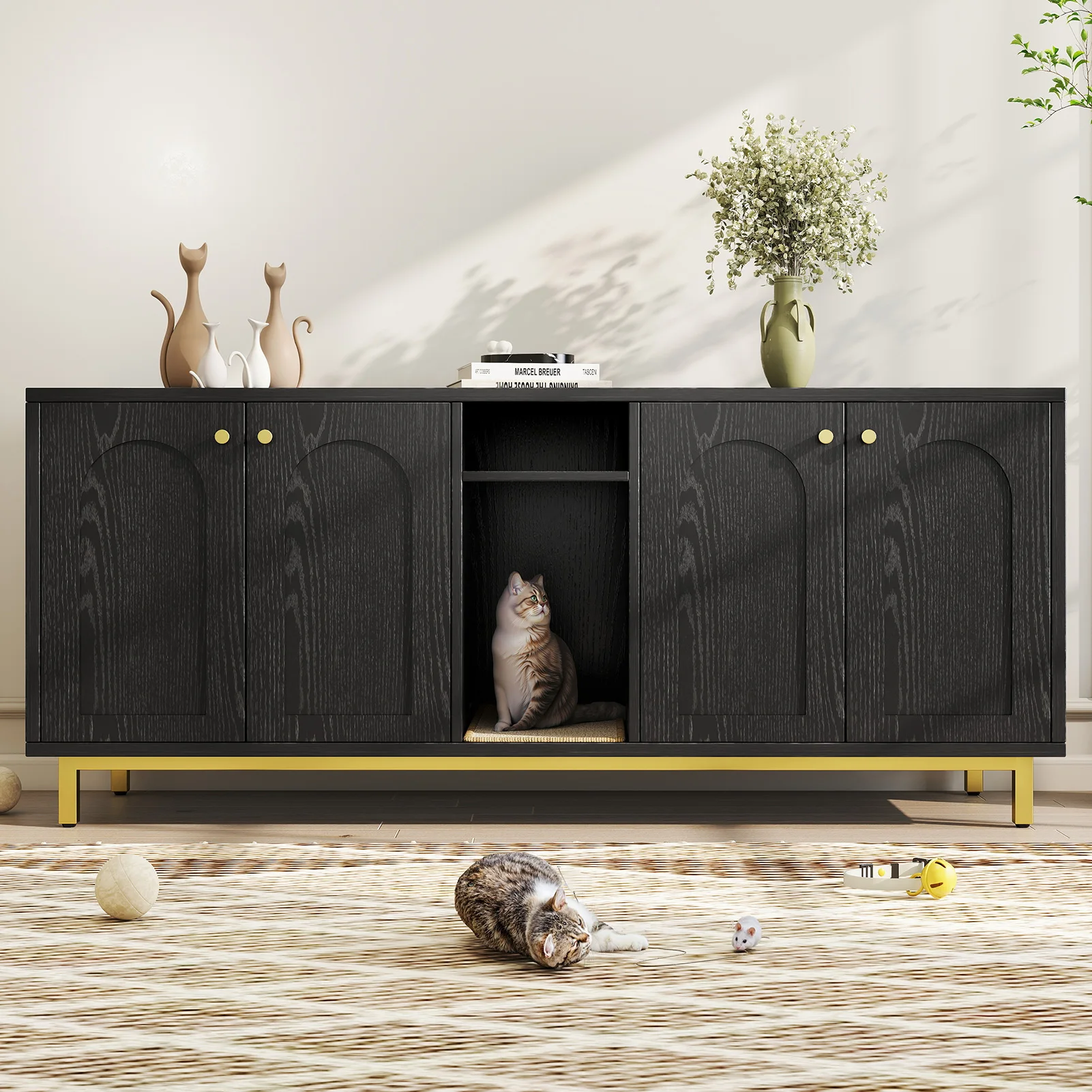 Black Cat Litter Box Enclosure Large Capacity Double Magnetic Door Furniture Cabinet With Scratching Pad Hidden Pet House