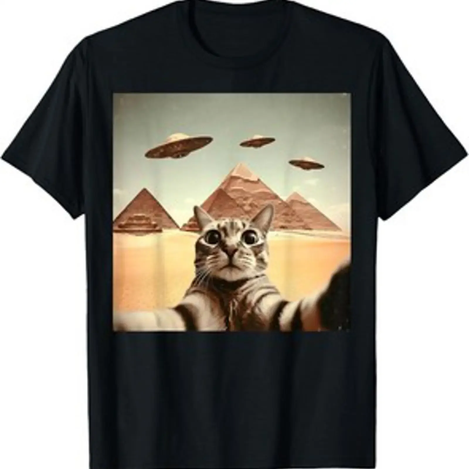 Camiseta Gato Selfie Con Extraterrestre OVNI Divertida Regalos Para Hombres Mujeres vintage Washed Top For Everyday Wear