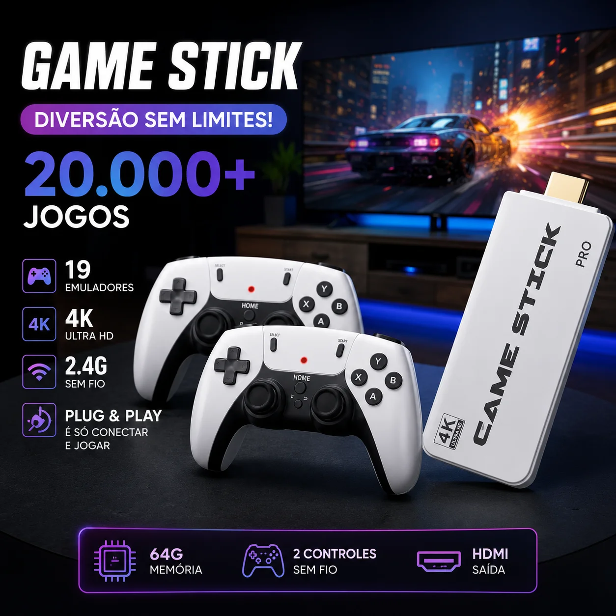 2025 NEW M15 Pro 4K 64GB HDMI Video Game Stick with 2 Wired Controllers + 20,000 Games