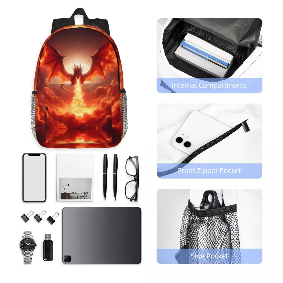 Dragon In The Fire Backpack Student Boys Girls BookBag Men Women School Bag Laptop Shoulder Bags