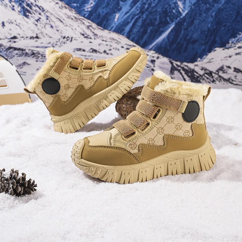 Zapatillas altas de terciopelo para invierno, botas de nieve rosas para niñas y niños, botas cálidas de algodón de felpa, zapatos de senderismo con plataforma para exteriores para niños