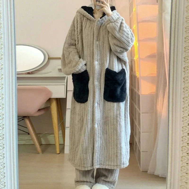 Winter Flannel Robes Women Hooded Sleepwear Warm Panelled Sweet Girls Home Baggy Cozy Korean Style Lounge Soft All-match Thicken