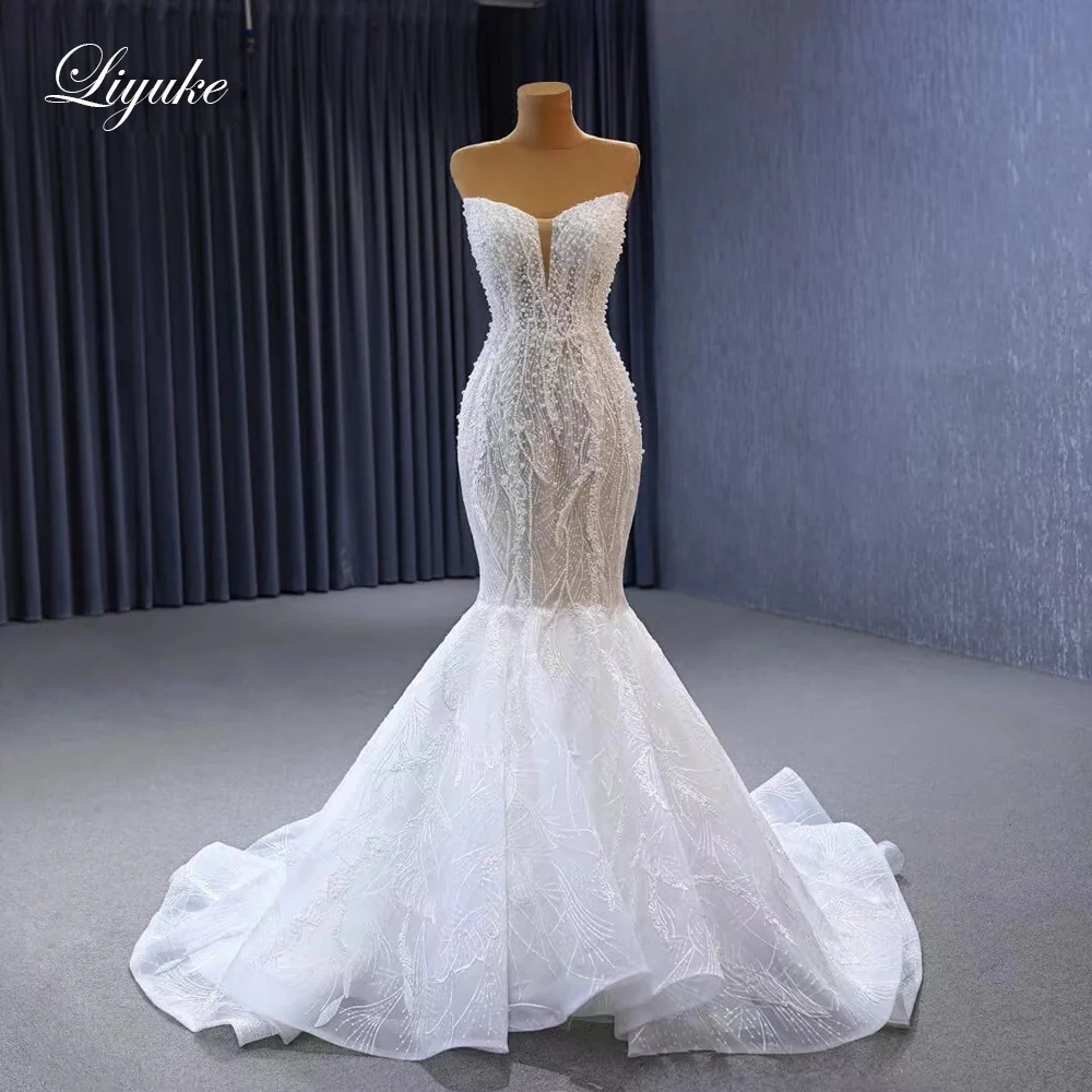 Liyuke Sheer Beading Pearls Sweetheart Mermaid Wedding Dress Uniquisite Lace Off Shoulder Sleeveless Trumpet Wedding  Gowns
