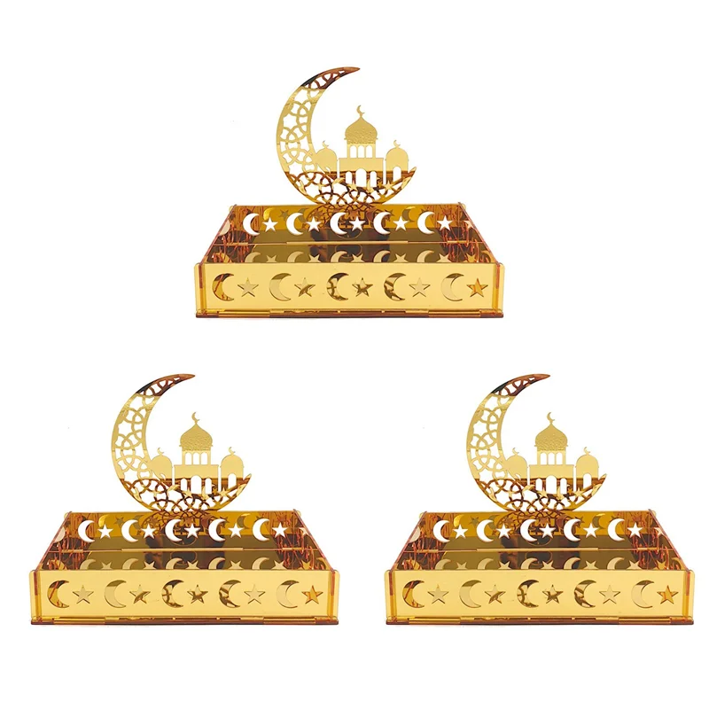 

N04R 3X Acrylic Eid Mubarak Food Tray Ramadan Kareem Dessert Fruit Plate Moon Star Castle Islamic Muslim Festival Decor,A