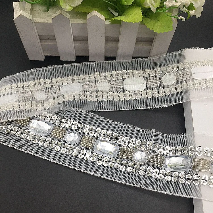 50cm perła zroszona koronka do wykańczania Rhinestone taśma koronkowa kołnierz do DIY szycie odzieży pas suknia ślubna cekinowa koronka materiały