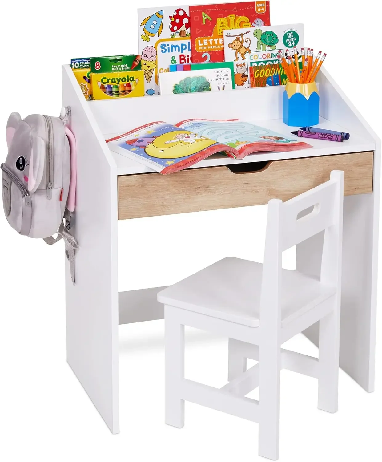 Toddler Wooden Study Desk and Chair Set, Home School Learning Workstation with Writing Table, Storage Drawer