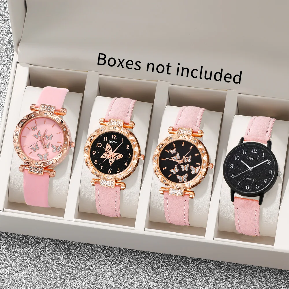 4pcs Academy Sweet Ladies Pink Quartz Watch Combination Set, Suitable for Daily Wear and Holiday Gifts