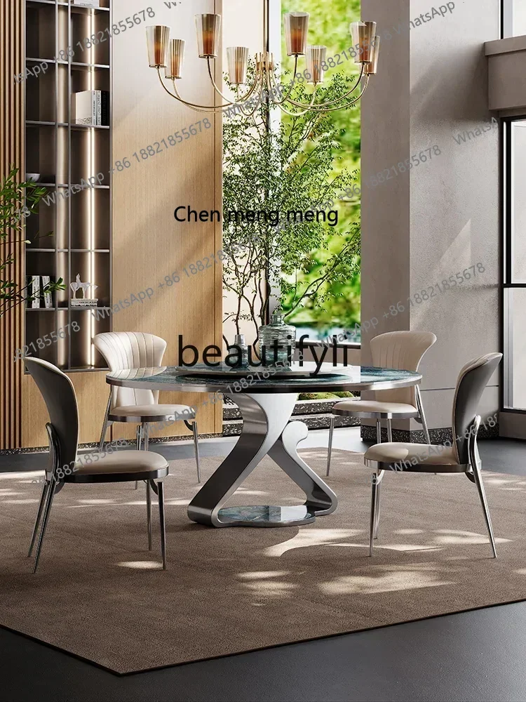 A182 Supercrystalline stone dining table round table with turntable marble household light luxury rock slab round dining table