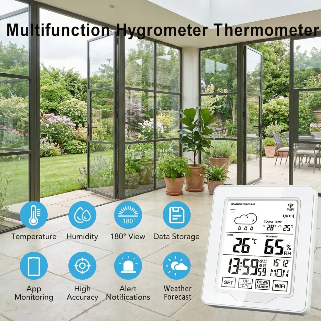 

Tuya Wifi Digital LCD Thermometer Hygrometer Weather Station Cloud Data Storage Wall Alarm Clock Calendar UV Forecast Backlight