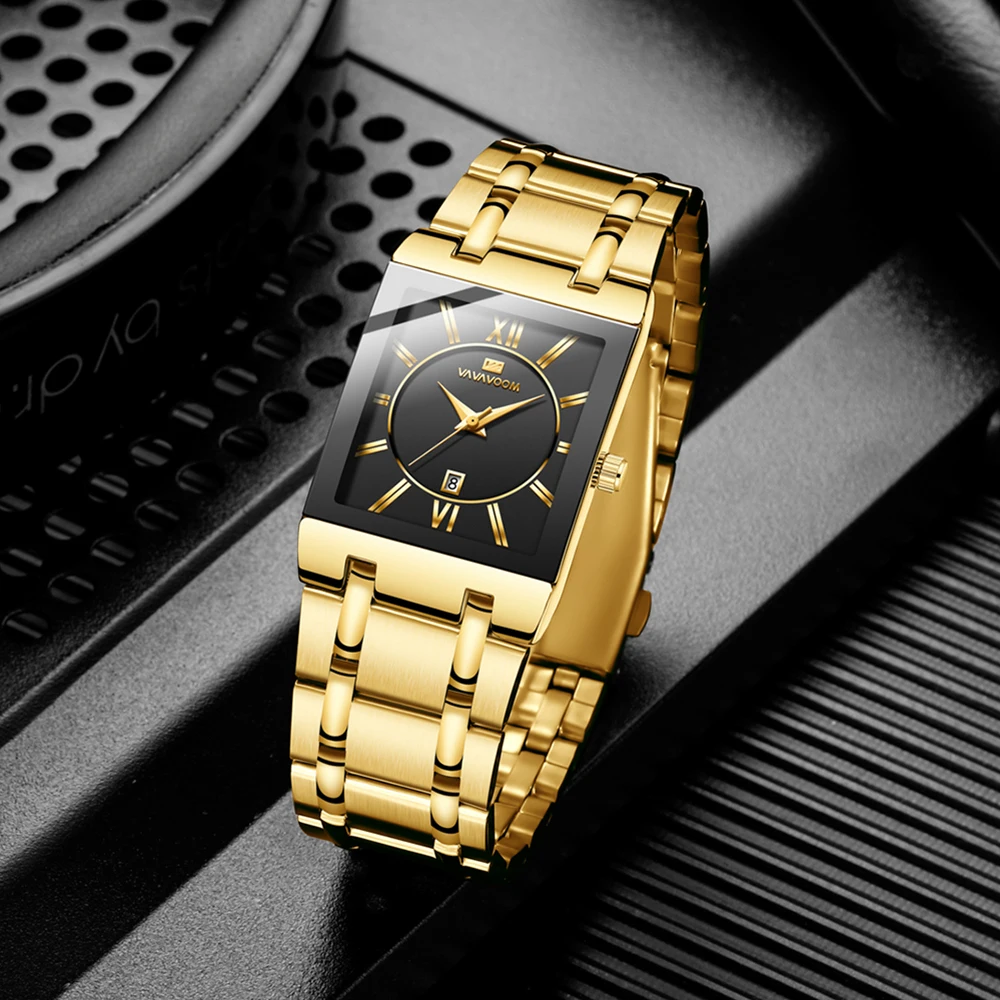 Men Casual Watches Simple Luxury Rectangular Black Gold Stainless Steel Calendar 3Bar Waterproof Quartz Fashion Daily Wristwatch