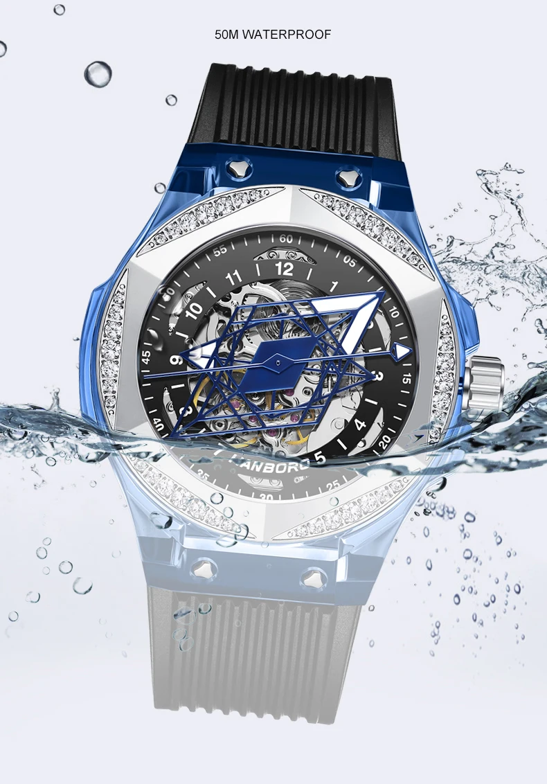 HANBORO, reloj automático para hombre, caja acrílica de 42mm, reloj de pulsera mecánico, resistente al agua, zafiro luminoso, esfera hueca