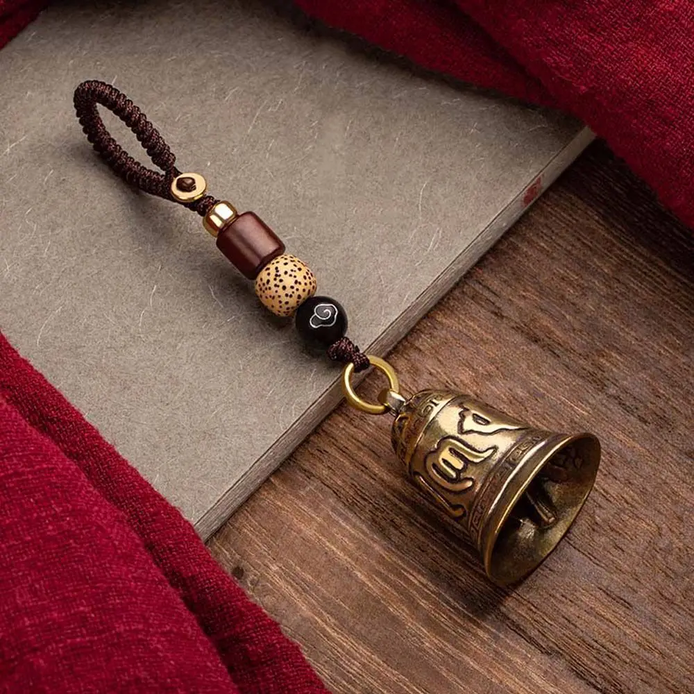 

Retro Brass Tibetan Buddhism Key Rings Six-word Mantra Bell Keychains Lanyard Pendants Handmade Rope Key Chain Car Hanging Decor