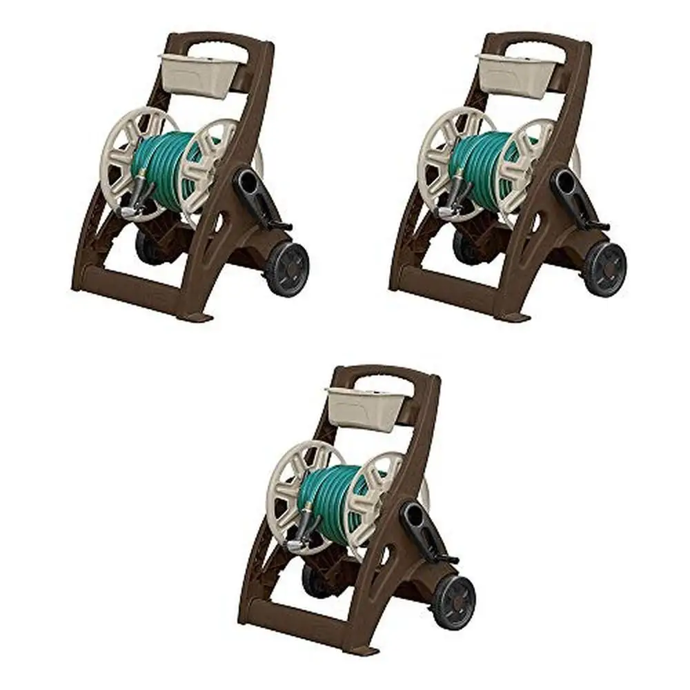 

Garden Hose Reel Cart with Storage Bin Sturdy Resin Construction Mocha Finish 225ft Capacity