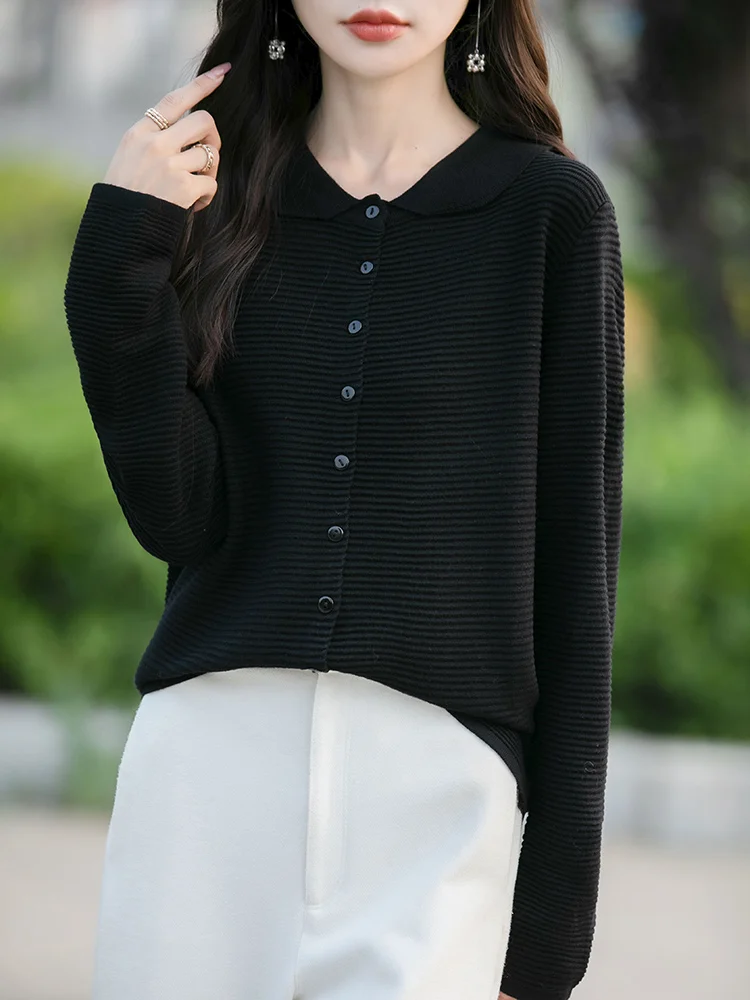 

Шерстяной кардиган с воротником-поло, женский осенне-зимний однотонный модный вязаный жакет с длинными рукавами и лацканами, свитер, топ